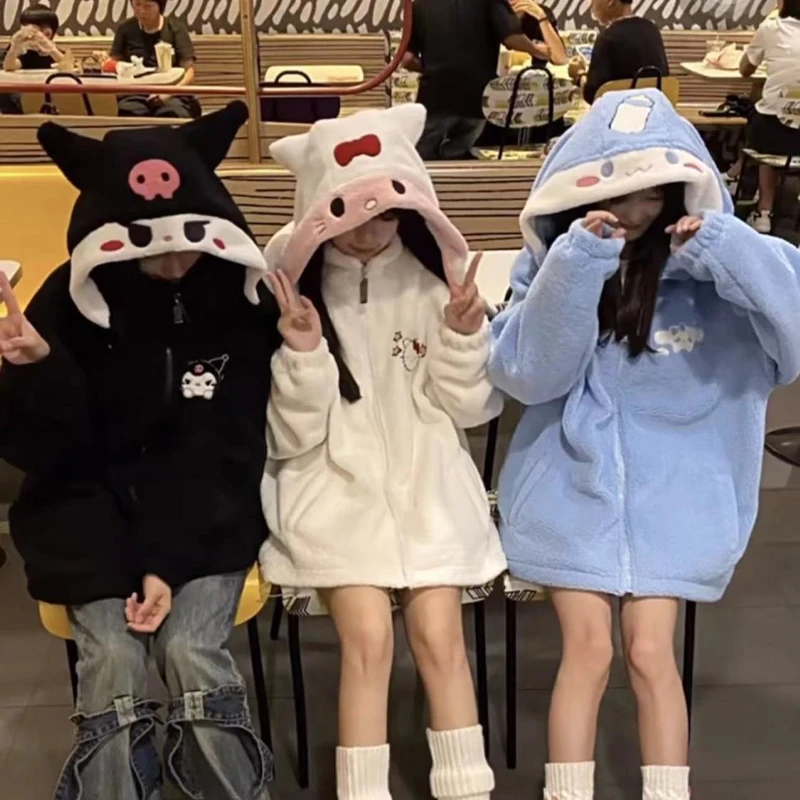 

Свитшот с героями мультфильмов Sherpa Hellokitty Kuromi Cinnamoroll Рождественская куртка Sanrioed зимняя теплая милая подружка