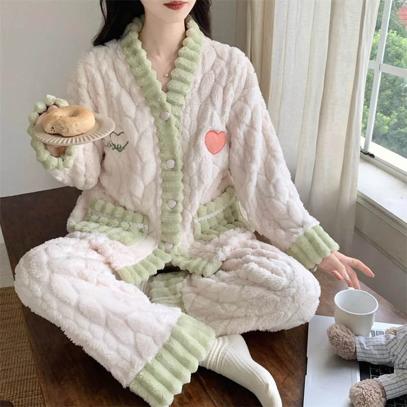 Coral Velvet Long Sleeve Warm Pajamas Two Piece Set Casual Loose Loungewear Fashion Cardigan Sleepwear Pants Women Cartoon Suit