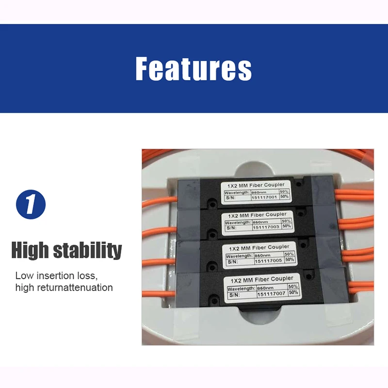 1PCS FBT Multimode Coupler 850/1300nm 50/50 Coupling Ratio 1x2 Multimode Fiber Splitter