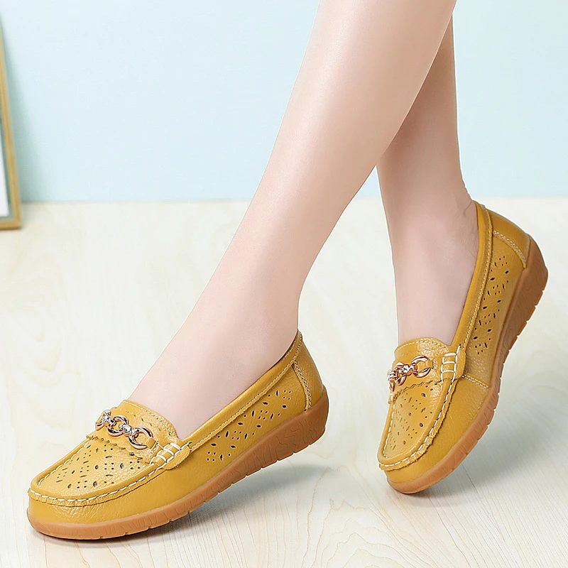 Shoes for Women Summer Casual Shoes Leather Ladies Breathable Flats Cut Out Women's Loafer Office Slip-on Moccasins