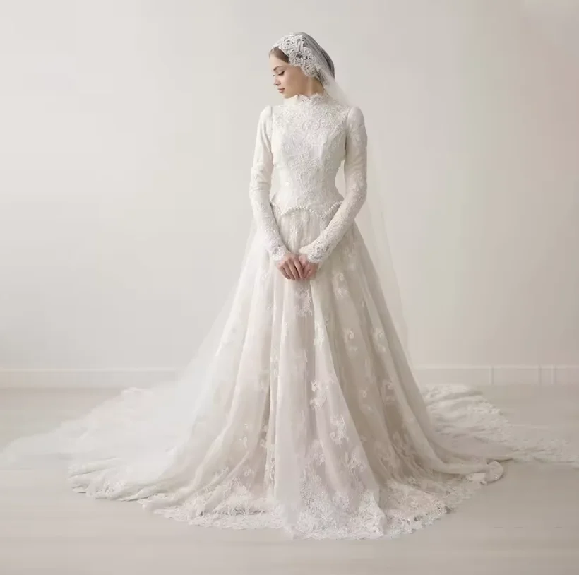 chinese dress ladies Princess Square Collar Full Sleeve Ball Gown Lace-Up Wedding Dress – Elsi  John main image 0