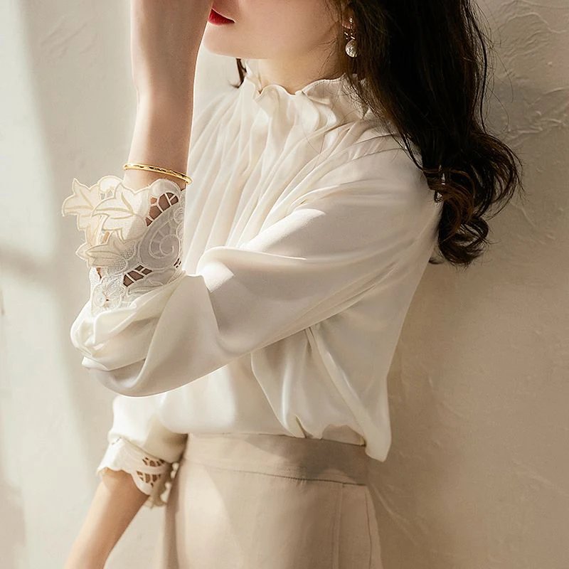 Spring Autumn Folds Stand Collar Elegant Fashion Long Sleeve Shirt Lady Hollow Out Blouse Female Solid Color All-match Pullovers