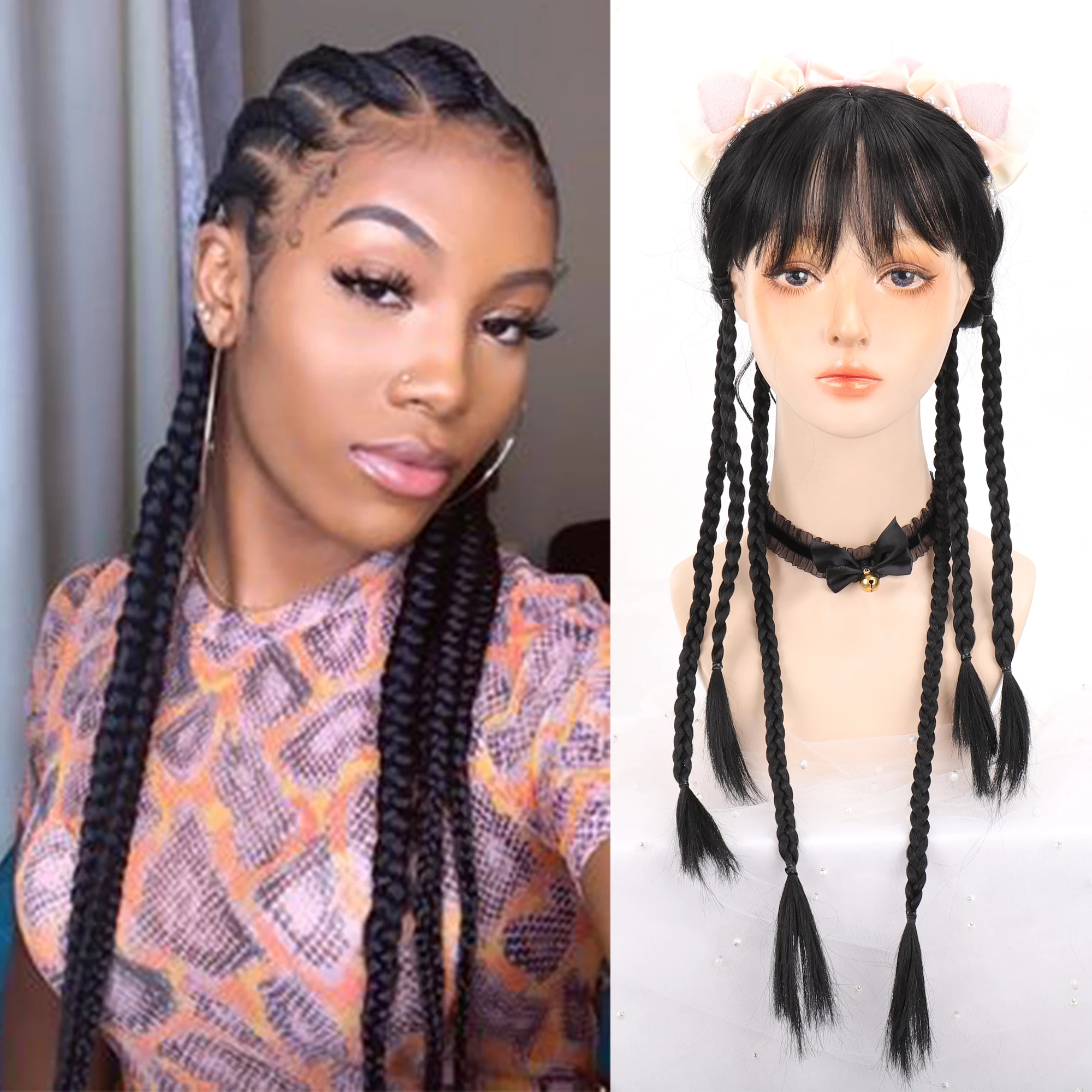 

LVHAN Synthetic Braid Hair Extension Wig Combination Twist Braid Extended Black Ponytail Braid Hair Daily Cosplay Halloween