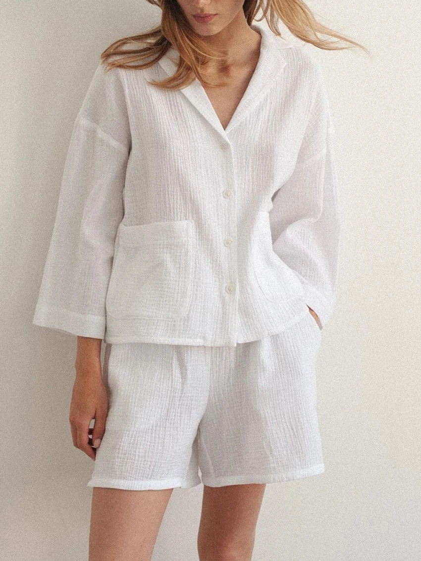 Marthaqiqi Cotton Ladies Nightgowns Set Sexy Turn-Down Collar Pajamas Long Sleeve Sleepwear Shorts Casual Female Nightwear Suit