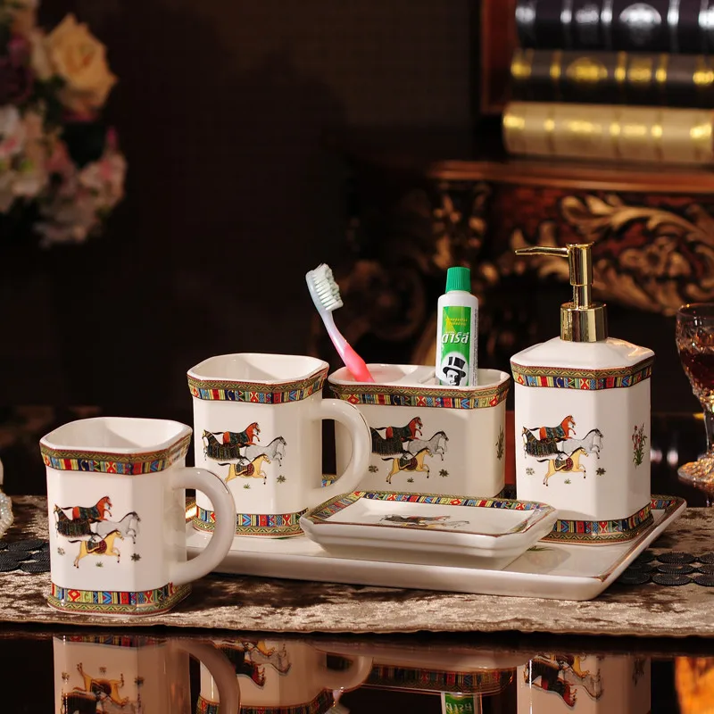 Bathroom Accessories 5 Pcs Set Ceramic Soap Dispenser & Dish Toothbrush Holder Rack Gargle Cup Horse Finish Luxury Wedding Gifts