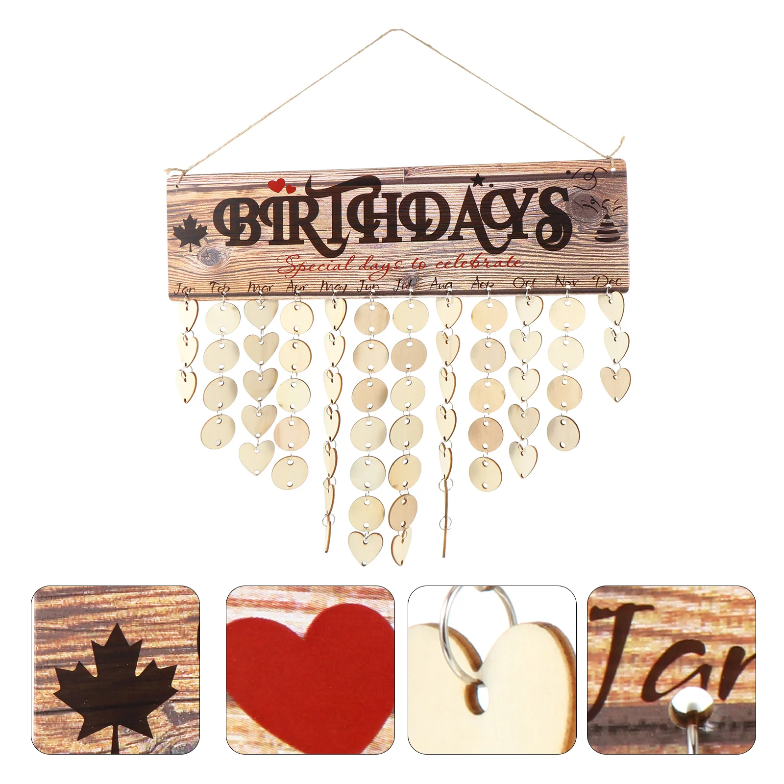 Large Family Birthday Reminder Wooden Board Calendar 40x12cm Wall Hanging DIY Signs Plaque with Wood Heart Circle Tags