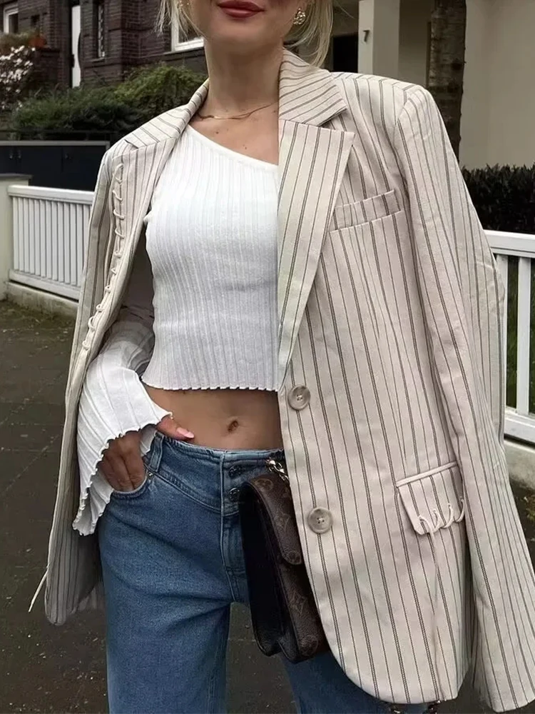 

2023 Girls Casual Single Breasted Long Sleeve Striped Print Loose Blazers Outwear Womens Two Pockets Summer Khaki Fashion Jacket