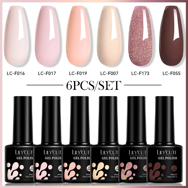 릴리큐트 6개/세트 핑크 누드 글리터 젤 네일 폴리쉬 세미 퍼머넌트 쏙 오프 UV LED 네일 아트 젤 바니쉬 매니큐어 키트 용품