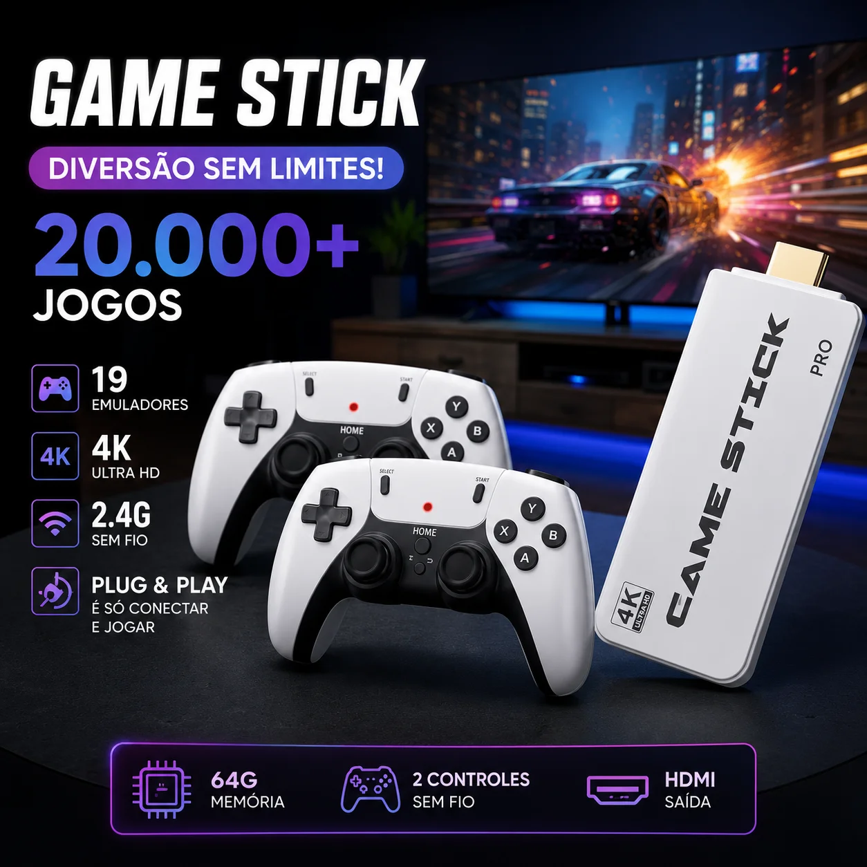 2025 NOVO Vídeo Game Stick M15 Pro 4k 64gb Hdmi Com 2 Controles Se Fio +20mil Jogos