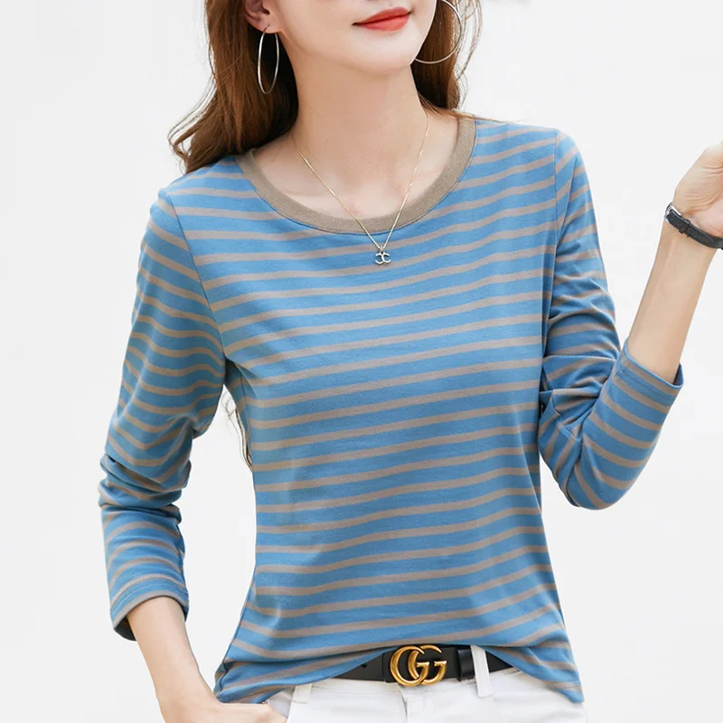 0351 Spring Autumn Striped T Shirt Women Stretch Cotton O-neck