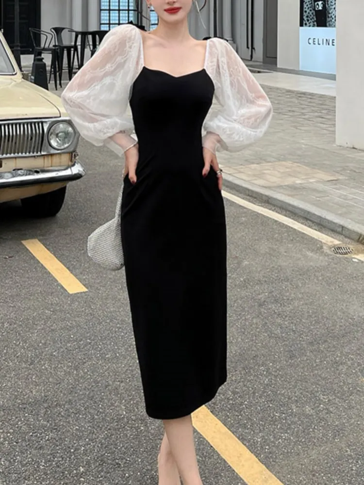 

Women's Chic Elegant Patchwork Slim Dress Spring Autumn Office Ladies Mid Length Lace Long Sleeve Vestido Fashion Party Dress