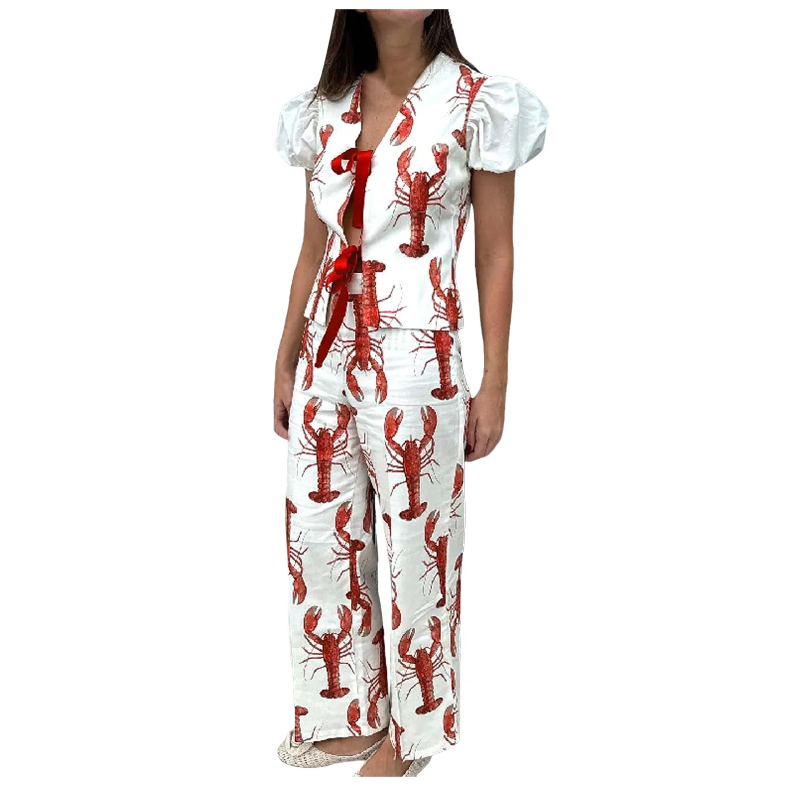 Women Red Lobster Printed Pants Set Women Fashion Short Puff Sleeve Lace Up Shirt Two Pieces Sets Work Outfits for Women Office