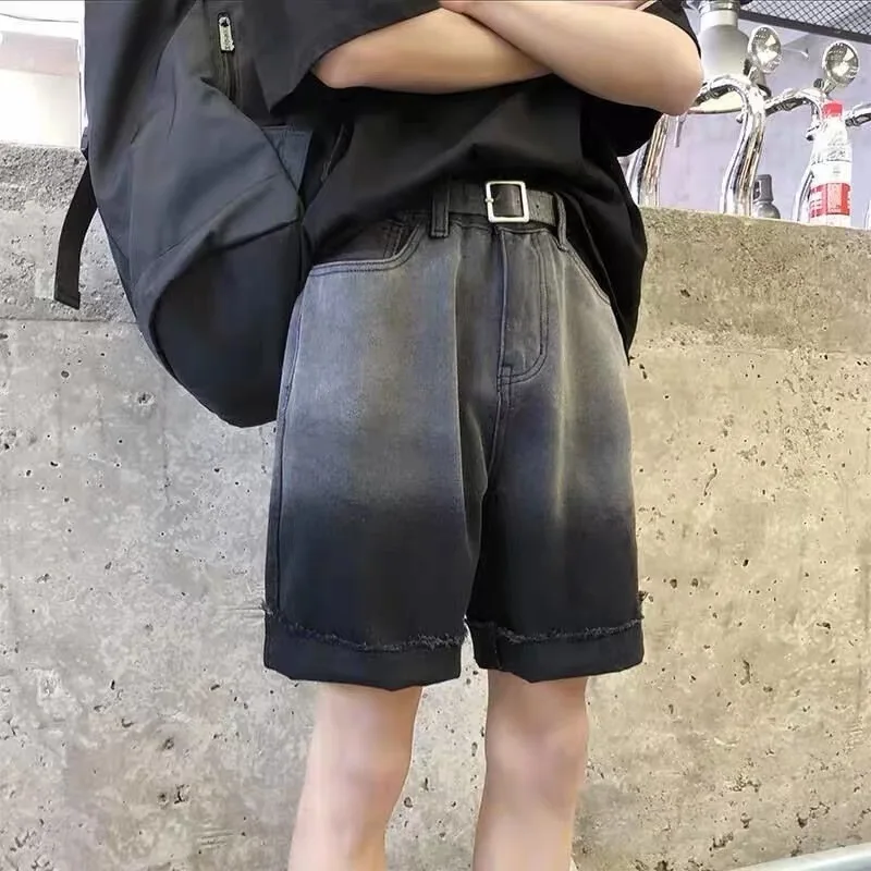 Summer Gradient Denim Shorts Men's Fashion Retro Denim Shorts Mens Streetwear Korean Loose Hip-hop Straight Men