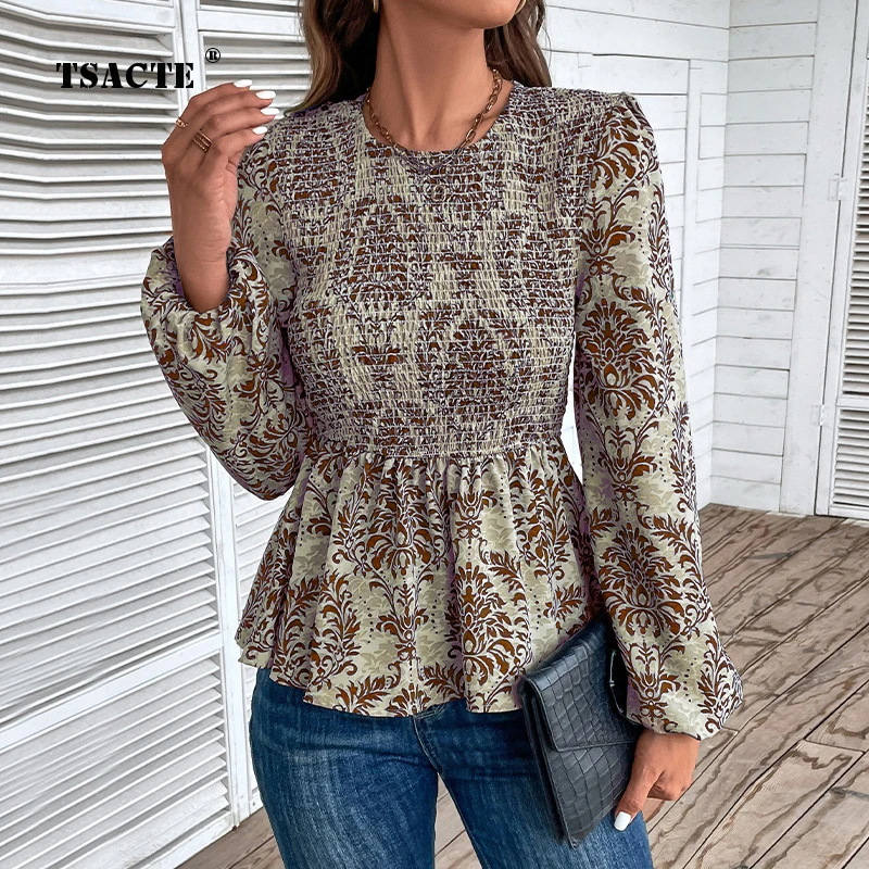 

Commuter Office Hot Selling Womens Printed Shirts Loose Temperament Pleated Round Neck High-end 2024 Spring New Women's Clothing