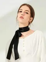 100% Natural Mulberry Silk Long Scarf Solid Color Neckerchief Hair Ties Bag Ribbon Headband Hair Ornament Female Strip Scarves 1