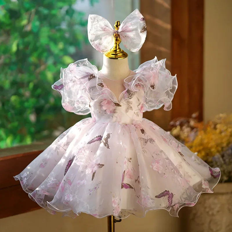 

2024 New Flower Girl Dresses for Weddings Kids Bow Design Fairy Princess Ball Gown Children Birthday Party Clothes Baby Baptism