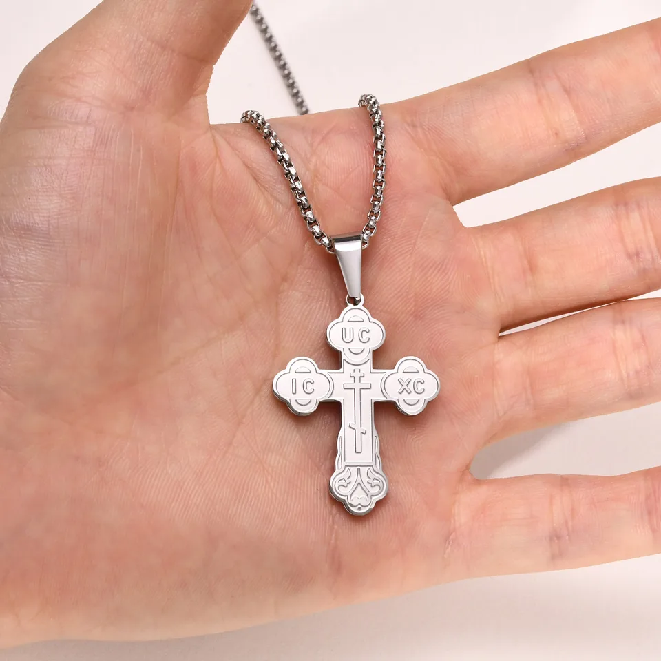 Collana Uomo Croce Ortodossa Russa In Acciaio Inox – Ciondolo Crocifisso Con Catena Rolo 60cm