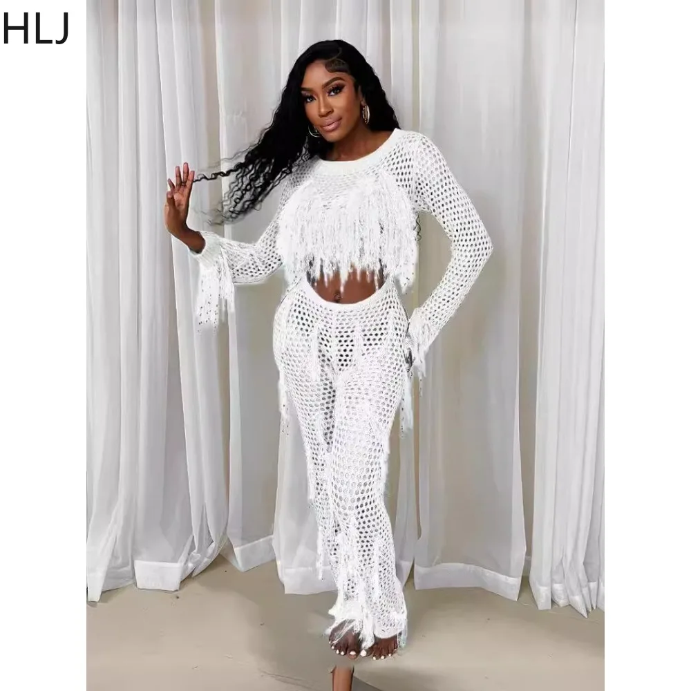 HLJ Fashion Hollow Out Hole Tassels Knitting Jumpsuits Women O Neck Long Sleeve Splicing Playsuits Female Solid Slim Overalls
