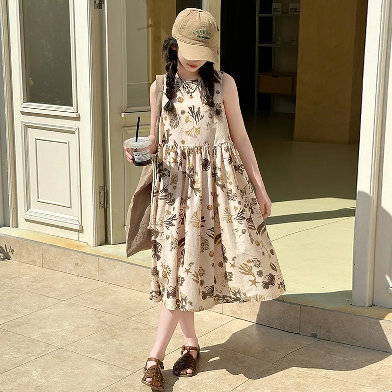 Teens Girls Summer Dress Sleeveless Stylish Floral Princess Dresses for Kids Casual Daily Beach Sundress Children Clothes