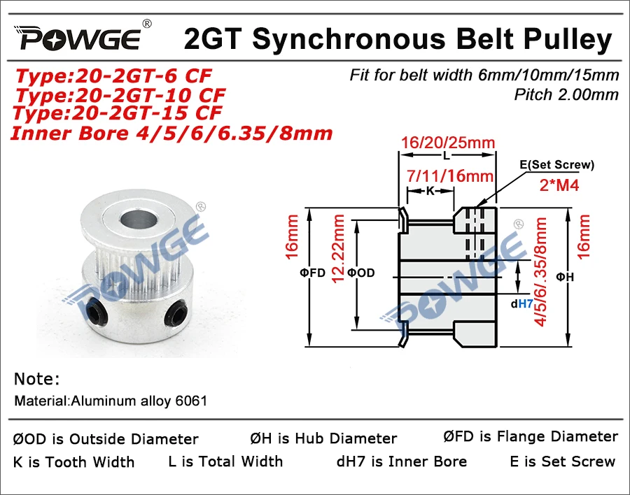 20 Teeth 2GT Timing Pulley Bore 4/5/6/6.35/8mm for 2MGT GT2 Synchronous belt width 6/10/15mm small backlash 20Teeth 20T POWGE GT timing pulley