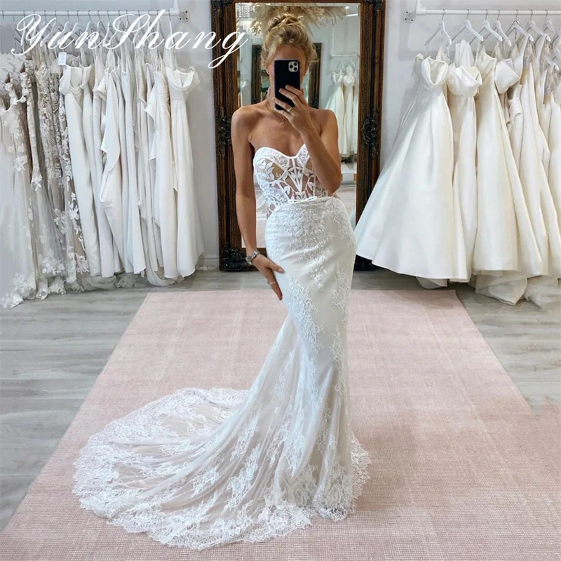 

Yunshang Elegant Mermaid Wedding Dress Women 2024 Sweetheart Lace Open Back Strapless Bridal Gown Sweep Train Vestidos De Novia