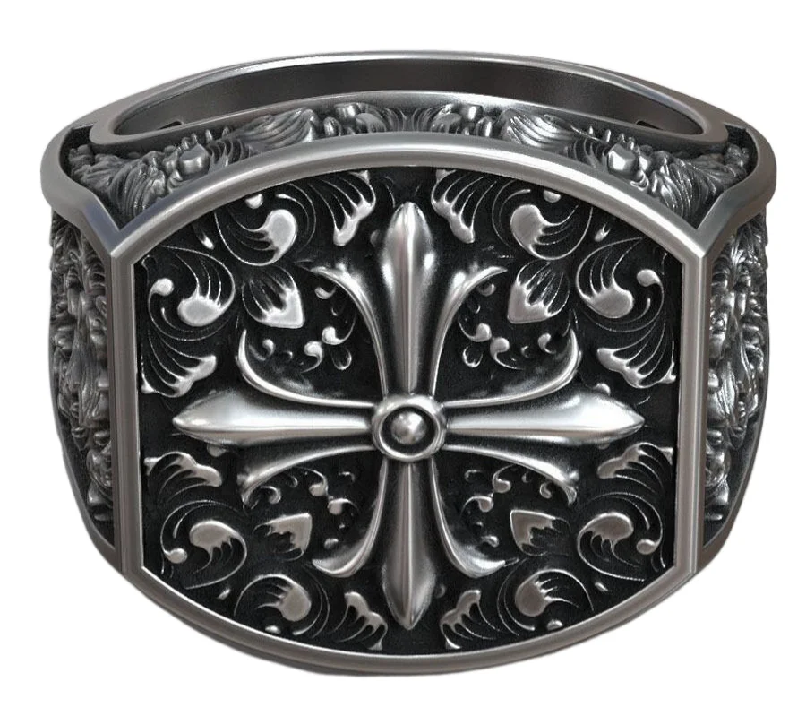

18g Maltese Cross Baroque Pattern Signet Religious Art Relief Gold Ring 925 Solid Sterling Silver Ring