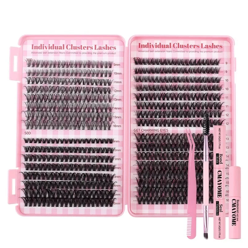 640 Clusters Thick False Eyelashes Kits Large Capacity Self-Adhesive Cross DIY Individual Extension with Tweezers Comb Glue Set