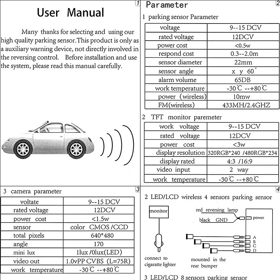 4 sensors Car Parking Sensor Kit Reverse Backup Radar Sound Alarm Indicator Probe System Alarm Safety Adjustable Speaker Buzzer 18