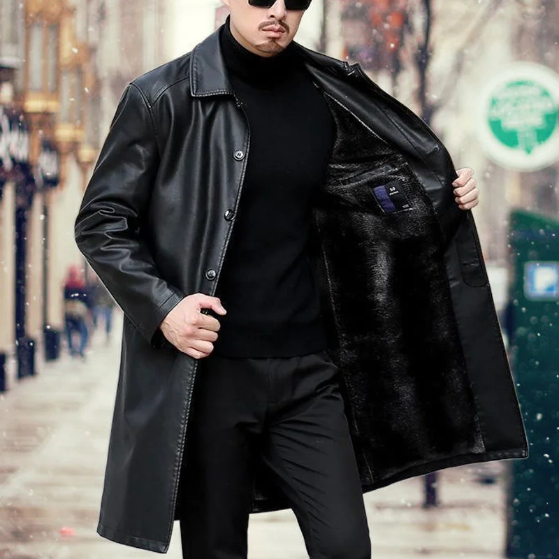 New Trench Coats Men Leather Trench Coat Casaco Masculino X-Long Jackets Fashion Outerwear Coat Jaqueta Masculina