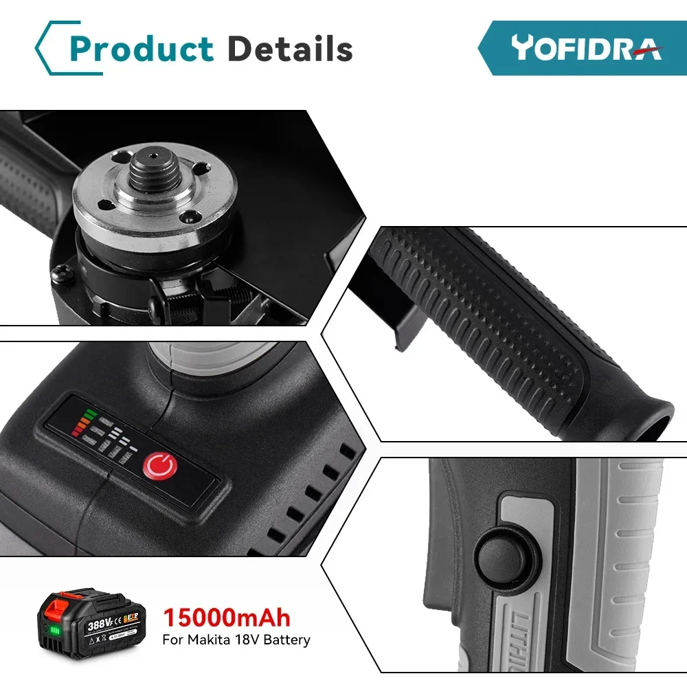 Yofidra 125mm Brushless Angle Grinder 3 Gears Cordless Efficient Wood Cutting Polishing Power Tool  For Makita 18V Battery