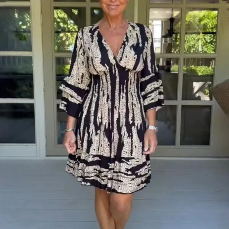 

2023 Hot Spot Fashion Flare Sleeves V-Neck Slim Dress Summer Women's Printed Mid Length Skirt Clothes For Women