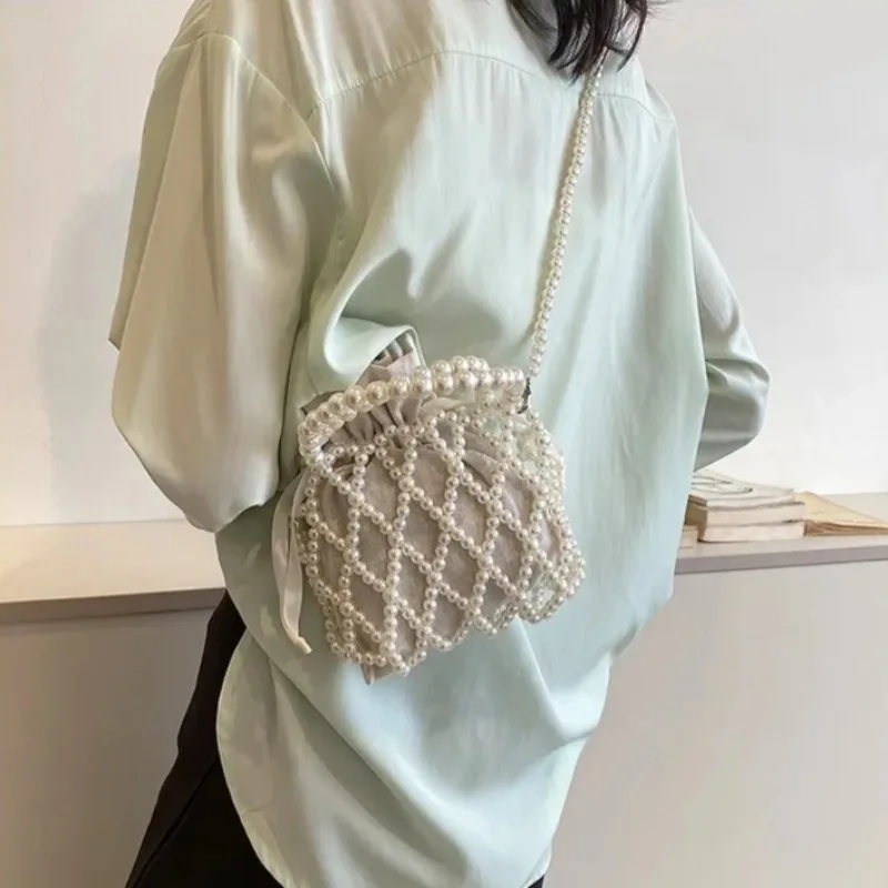 Vintage Fairy Bag Beaded Women Bucket Mini Bag Handheld Crossbody Bags for Ladies Chic Hollow Pearl Handbags