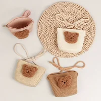 Cute Kids Shoulder Bag Summer Straw Woven Handmade Bags Mini Baby Girls Coin Purse Cartoon Bear Toddler Crossbody Bag 1