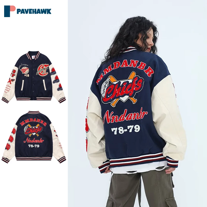 

Street Retro Baseball Jacket Men Woman Letter Flocking Embroidery Bomber Jackets Patchwork Leather Sleeve Hip Hop Loose Outwear