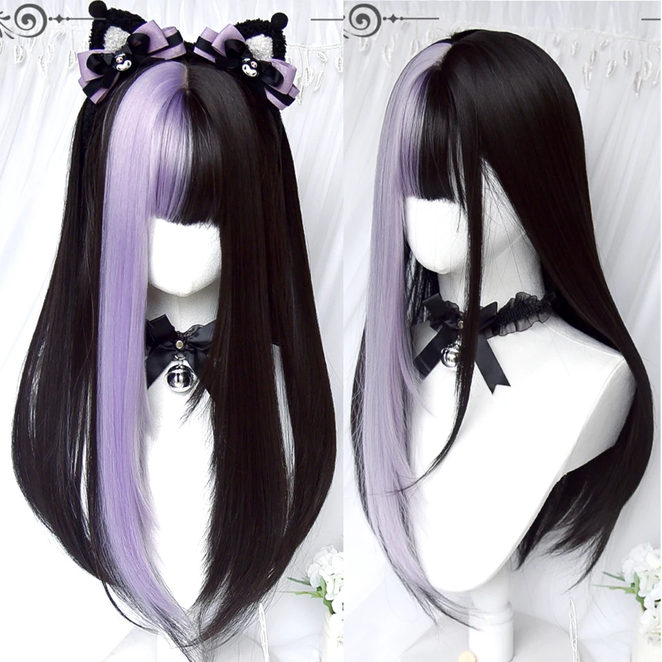 AS Long black mixed with red Synthetic Wig Cosplay Lolita Harajuku Wig With Bangs Natural Wavy Halloween red Daily Wigs