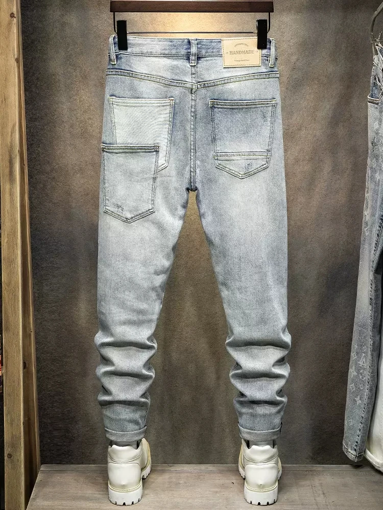 Street Fashion Men Jeans Retro Light Gray Blue Elastic Slim Fit Ripped Jeans Men Spliced Designer Multi Pockets Hip Hop Pants