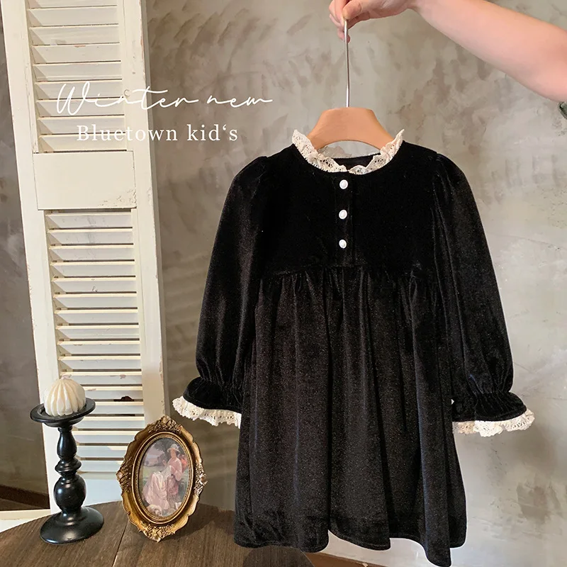 

Autumn And Winter New Korean Fleece-Lined French Retro Elegant Velvet Dress Girl Hepburn Style Little Black Dre