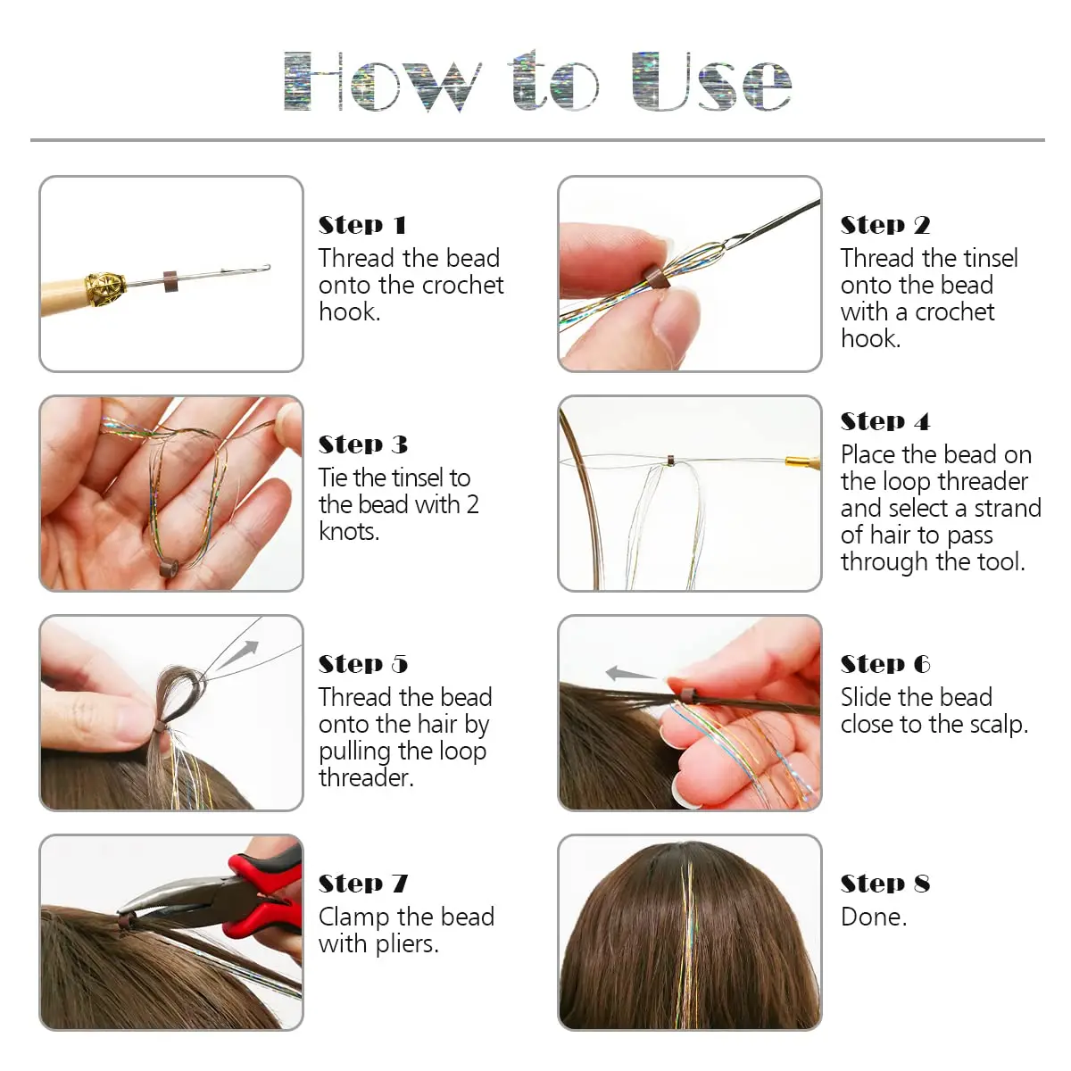 Glitter Hair Tinsel Kit para Mulheres, Linhas Brilhantes, Extensões de Cordas, Headdress, Seda Dourada, Acessórios, 16 Cores