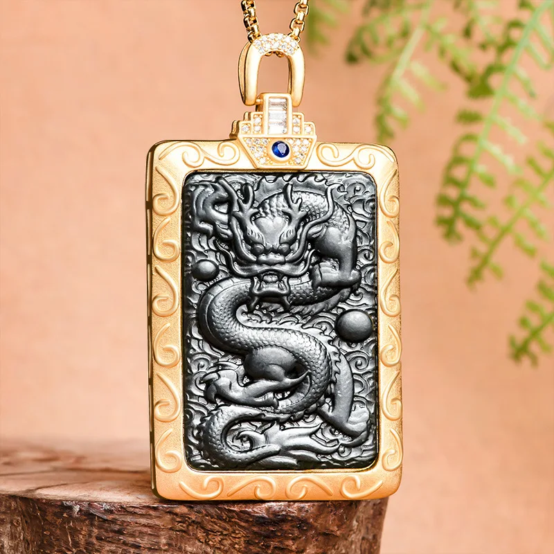 

Authentic Old Material Hotan Black Jade Dragon Brand Pendant Chinese Zodiac Bronze Inlaid Natural Charms Necklace Jewelry