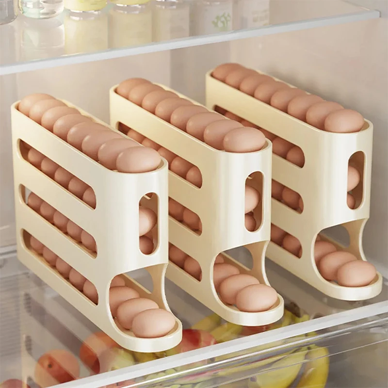 4 Layers Automatic Rolling Egg Holder Large Capacity Storage Box For Kitchen Refrigerator Egg Dispenser 30 Eggs 7&deg; Slope Design egg storage box,egg roller rack