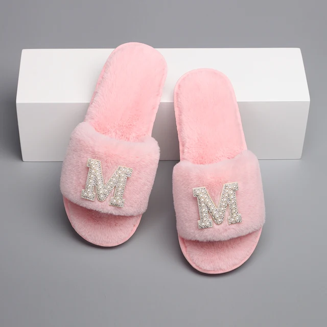 Women's Cozy Faux Fur Slides Slippers White Pearl Letter K Rhinestone  Designer Fur Sandals Flip Flops Flats Custom Shoes - AliExpress