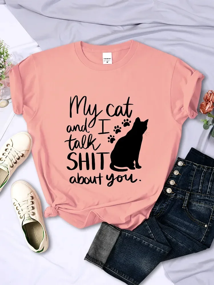 

Short Sleeve T-shirt Cute Cat Print Tops Cat My Cat and I Talk Shit about You Cartoon Casual Tees Harajuku Fashion Tshirt cotton