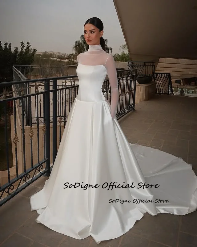 SoDigne A-line Satin Wedding Dresses High Neck Full Sleeves Bridal Dress Simple Long Wedding Gown Robe De Mairee ﻿Customized 2