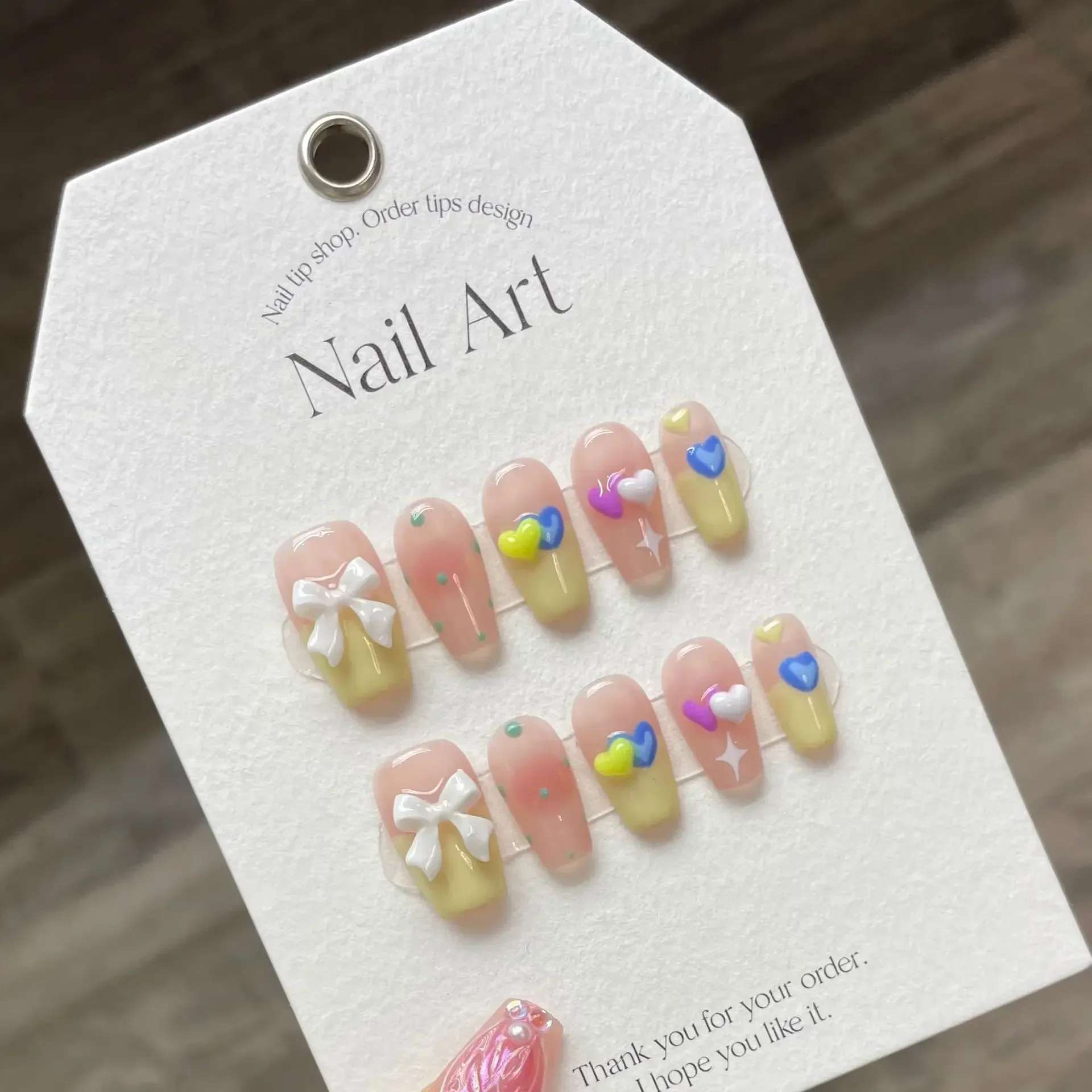 

10Pcs Candy Color Handmade Heart Press On Nails With Butterfly Knot Summer Style Full Cover Wearable Ballerina Artificial Nails
