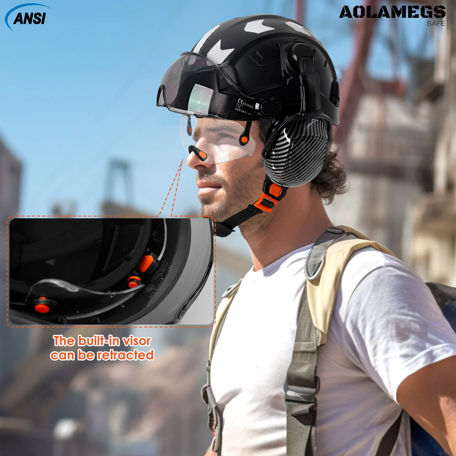 Safety Helmet With Visor Built In Goggles Carbon Fiber Pattern Earmuff Noise Reduction for Engineer Hard Hat Industrial Work Cap safety helmet