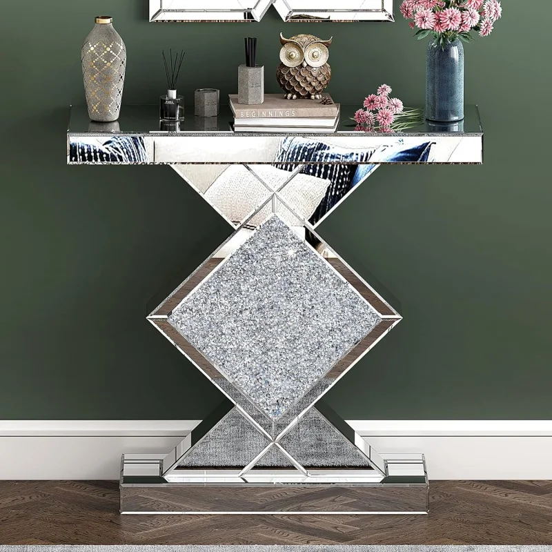 

Console Table Mirrored, Silver Entryway with Diamond Shaped Mirror Finished, 31.5'' Long Accent Narrow Table, Glass Sofa Foyer f