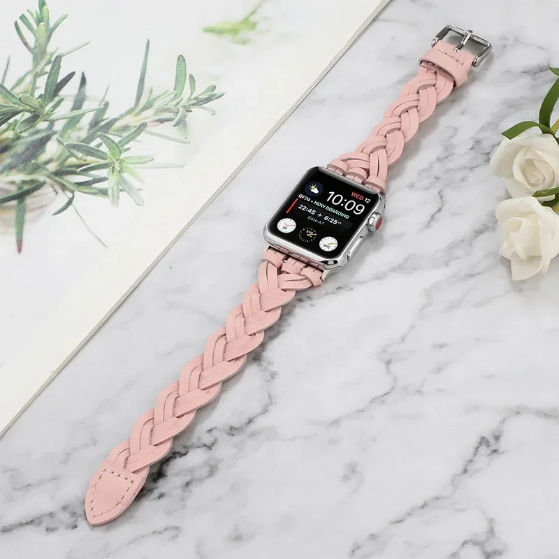 Leather Strap for Apple Watch Ultra2 9 8 7 45mm 41mm Slim Breathable Woven IWatch 6 5 4 3 SE 44mm 42mm 40mm 38mm Bracelet Band