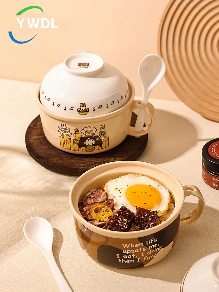 

YWDL 700ml Ceramic Instant Noodle Bowl With 400ml Lid Retro Ceramic Soup Salad Bowl Kitchen Office Student Lunch Box Tableware