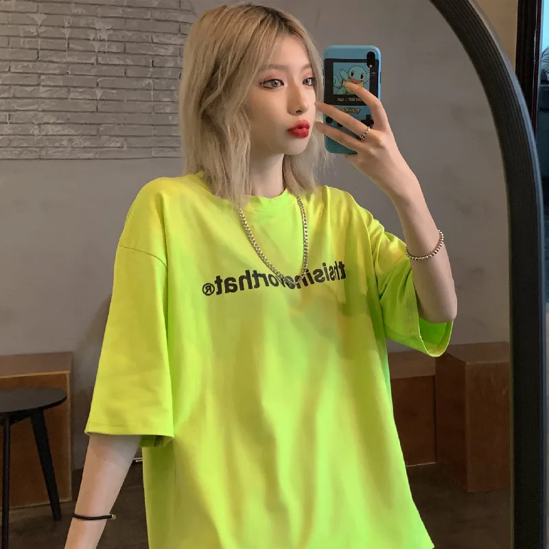 DAYIFUN Fluorescent Green T shirts Women 2023 Summer New Short Sleeve