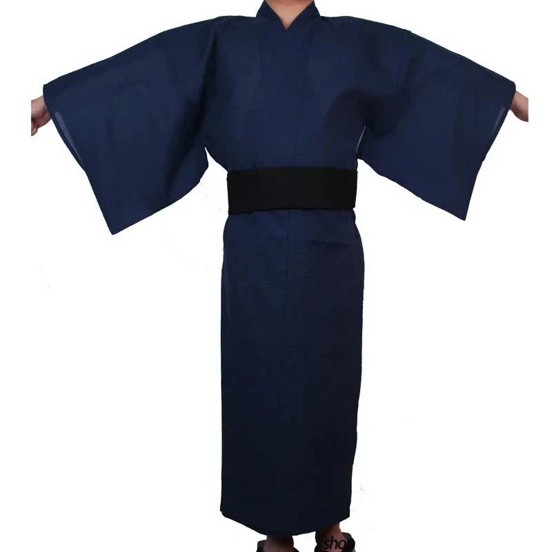 Cotton Navy Japanese Traditional Samurai Kimono For Men Yukata Bathing Robe Hekoobi Sauna Wear Homewear Belt Long Gown japanese kimono